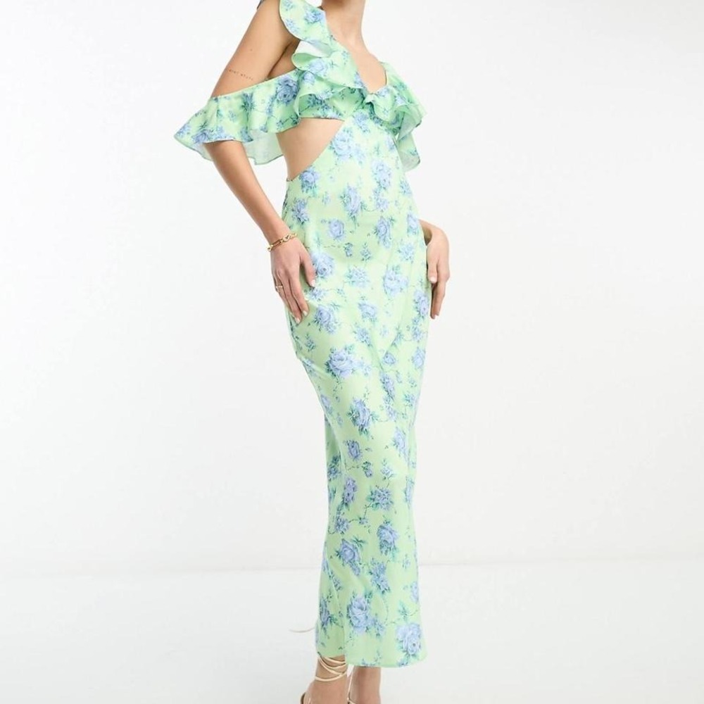 ASOS Design green floral midi dress with‎ ruffle detail - Size 14
